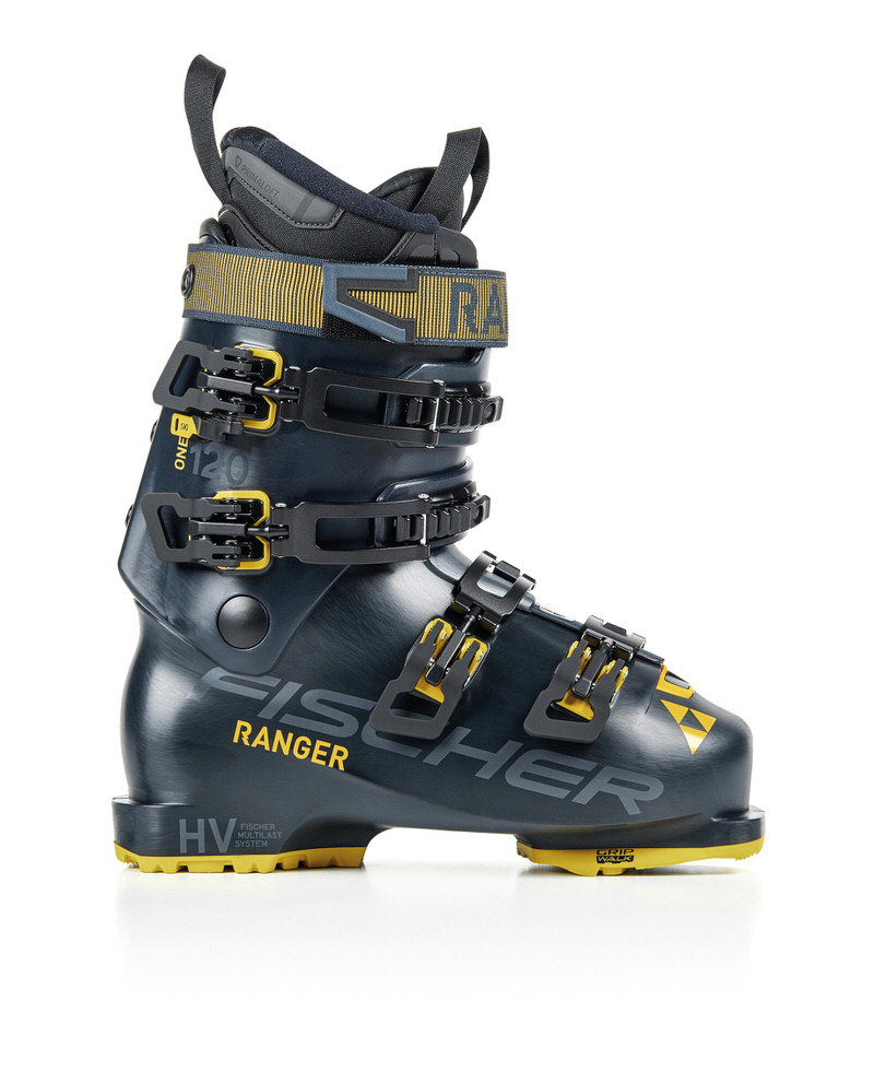 Dunkelblauer Fischer Ranger ONE 120 VAC GW Skischuh mit gelben Akzenten, seitliche Ansicht.