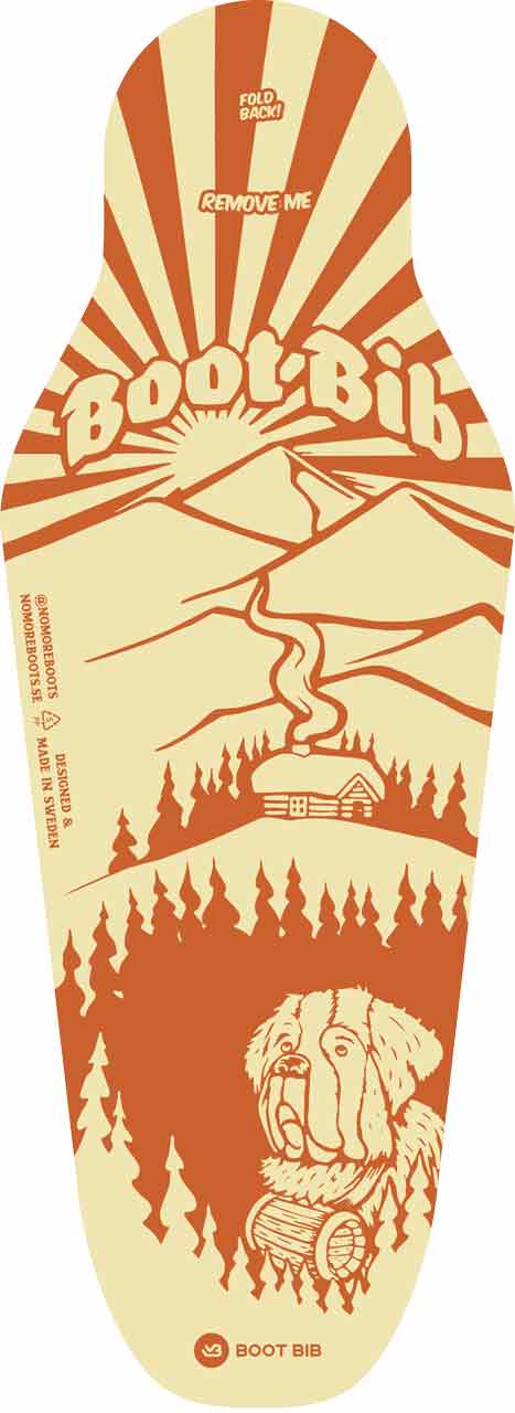 Grafik einer Boot-Bib Verpackung in Orange und Beige mit Illustrationen von Bergen, Hütte, Wald und einem Senior Hund mit Rumfass.