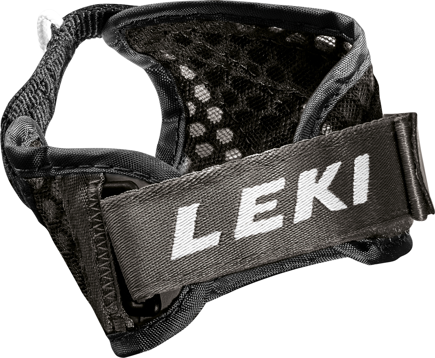 Detailaufnahme Leki Frame Str Mesh Trigger 3D Ersatzschlaufe, Textband mit Logo "LEKI" sichtbar.