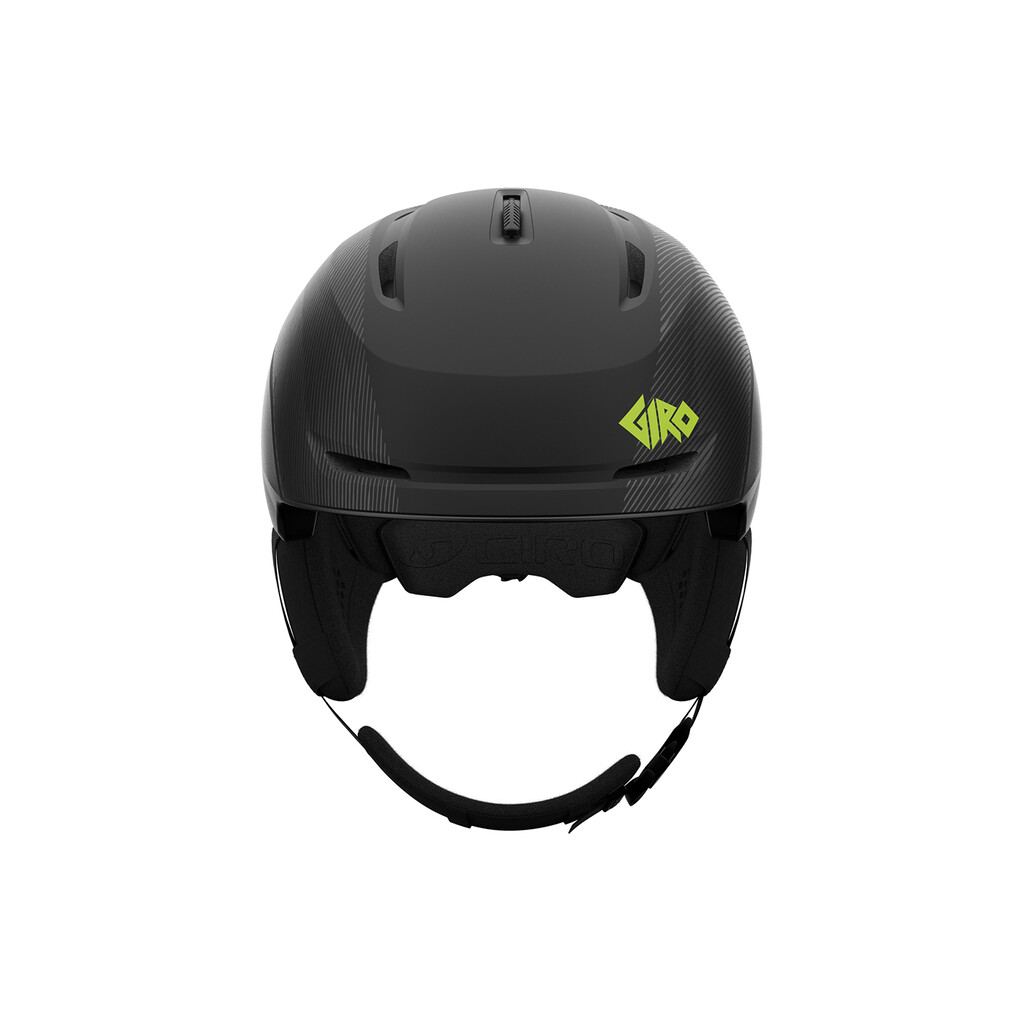 Casque de ski noir mat, vue de face, avec ouvertures d'aération et logo vert Giro.