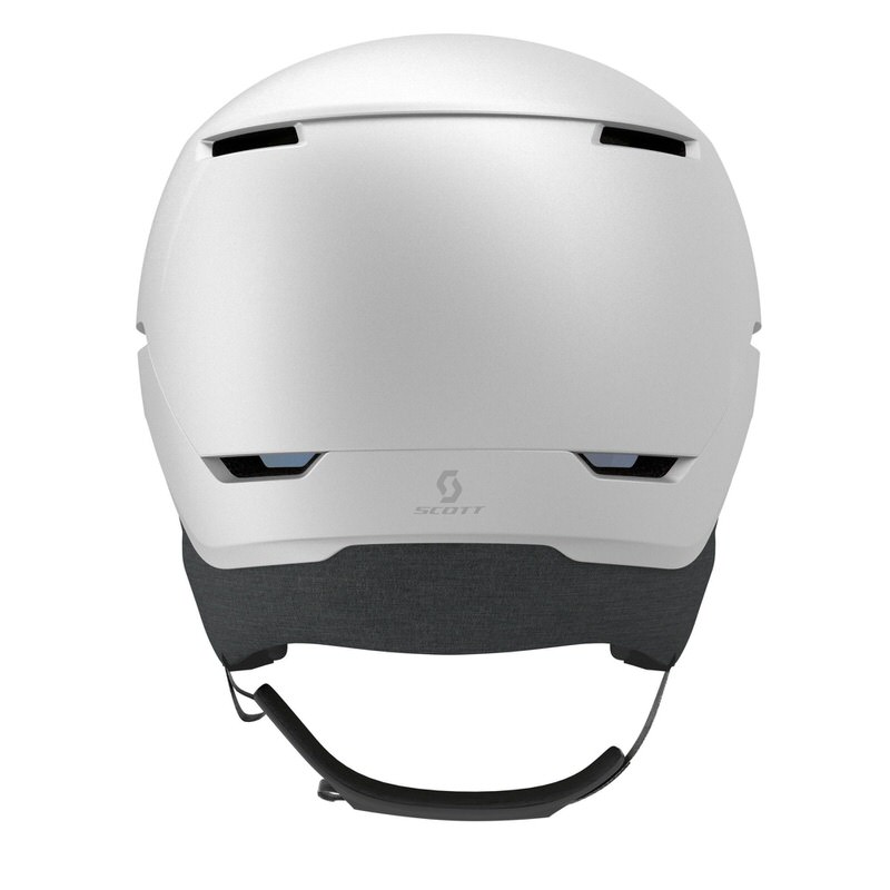 Rückansicht eines weißen Scott Blend Plus LS Skihelms mit Belüftungsschlitzen und Logo.