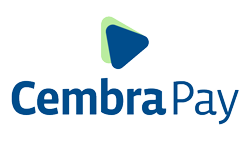 Logo von Cembra Pay mit blauem Schriftzug und grün-blauem Pfeil-Symbol.
