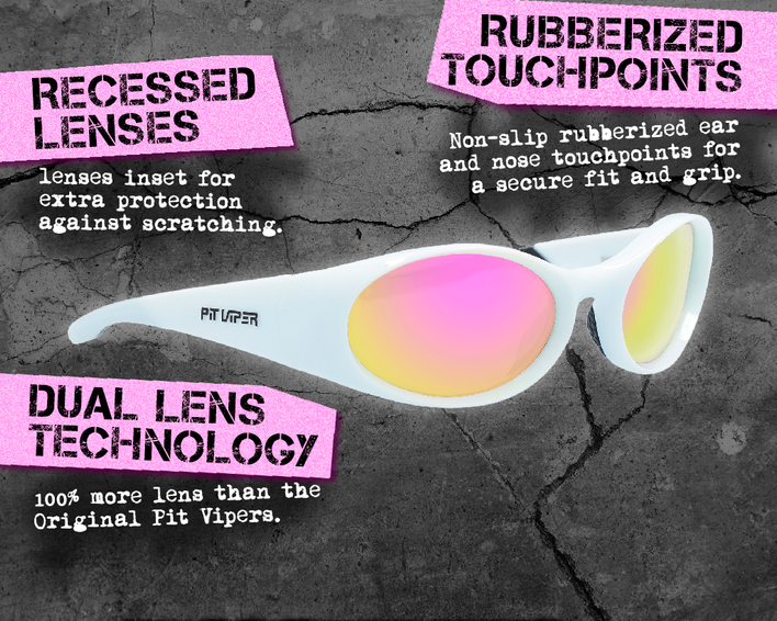 Lunettes de soleil blanches "The Slammer The Miami Nights" avec verres colorés, détail des avantages du produit.