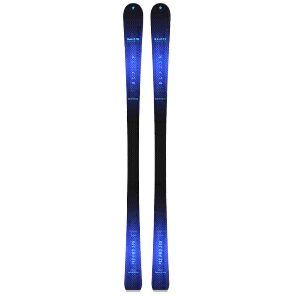Zwei Ramser FIS Ski Zwei Ramser FIS SL Competition Ski mit blau-schwarzem Farbverlauf von oben nach unten.