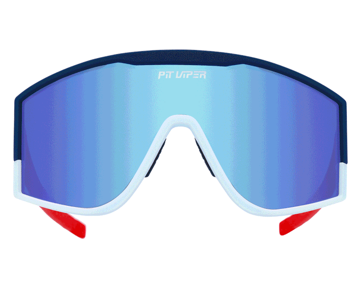 Blaue Pit Viper Sonnenbrille mit weißem Rahmen und roten Bügelenden.
