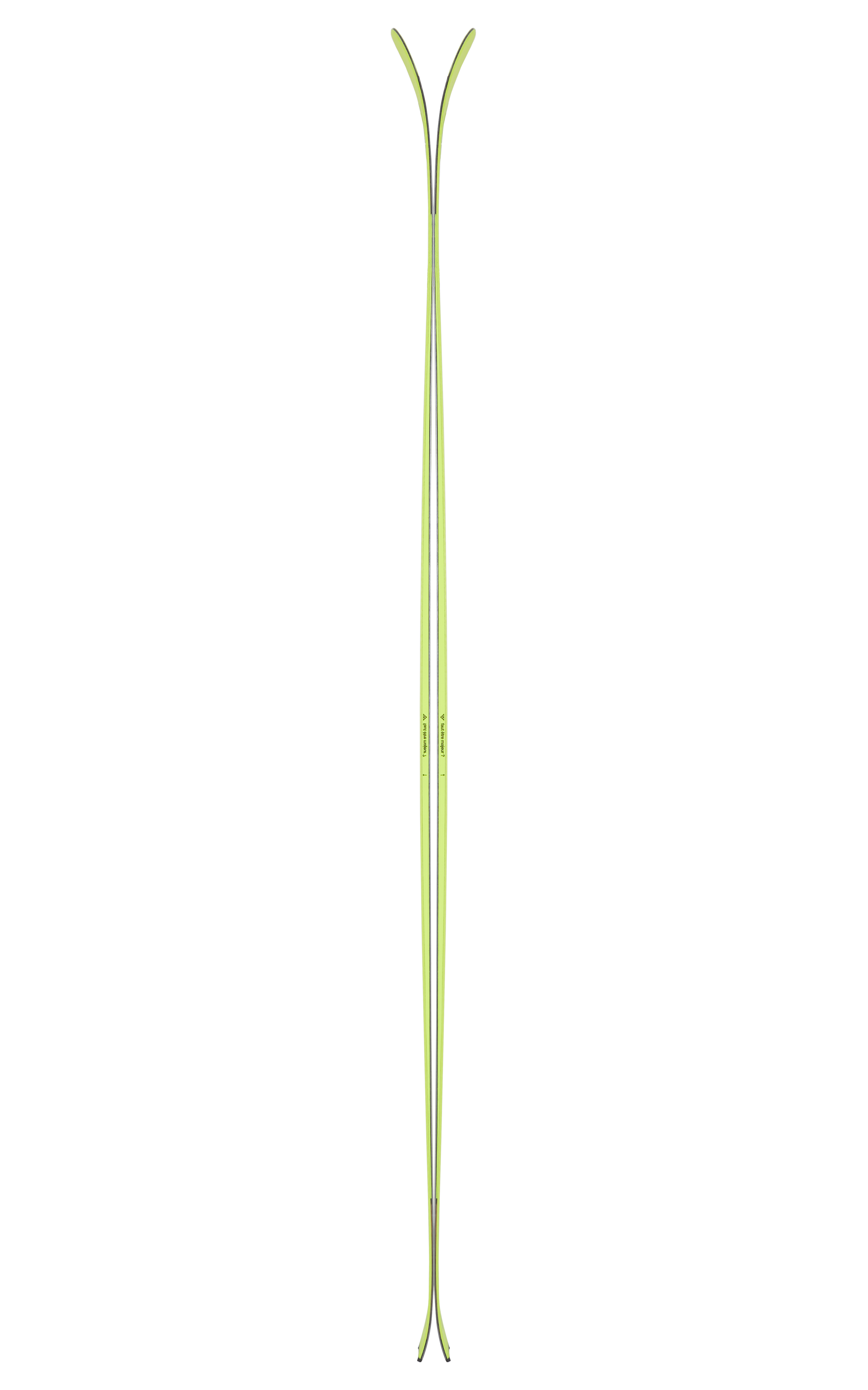 Fluoreszierende Black Crows Skis Ein Paar Black Crows Orb Freebird Ski, von oben bis unten, mit fluoreszierendem Gelb und schwarzer Umrandung.
