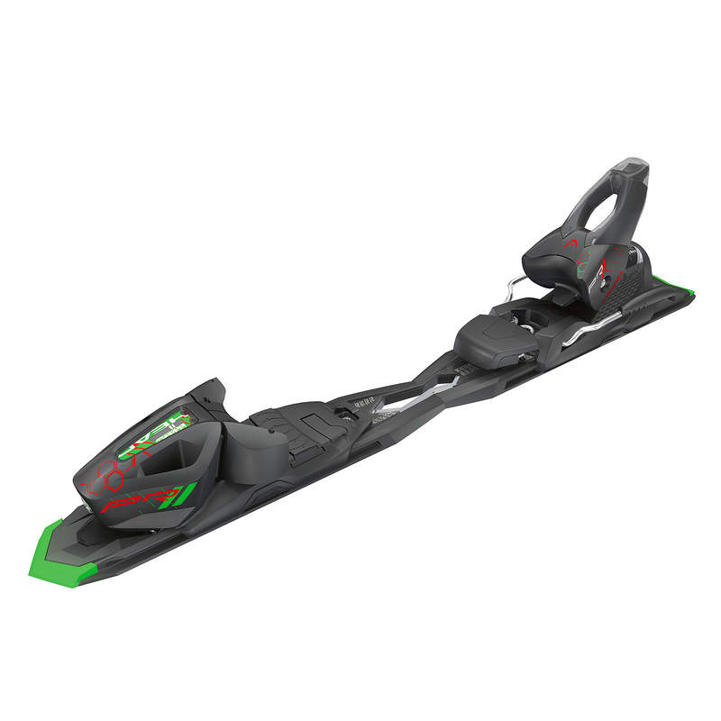 Graue Ski-Bindung, Teil des Head V-Shape V4 XL Ski-Sets, mit roten und grünen Akzenten.