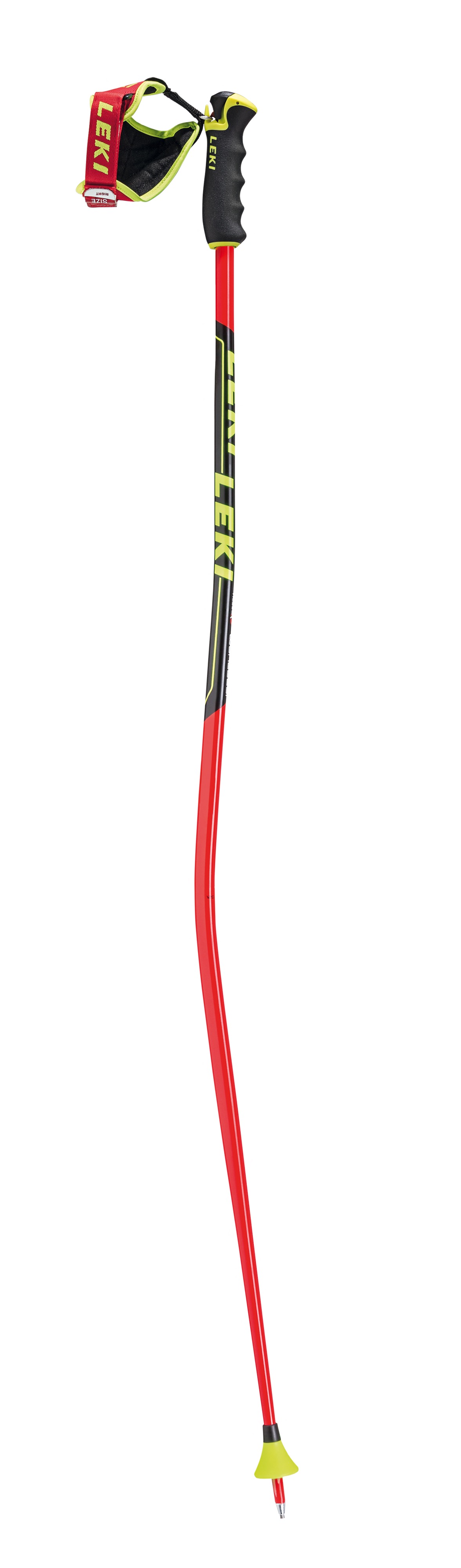 Roter Leki Worldcup Racing GS Skistock mit schwarzem Griff und Schlaufe.