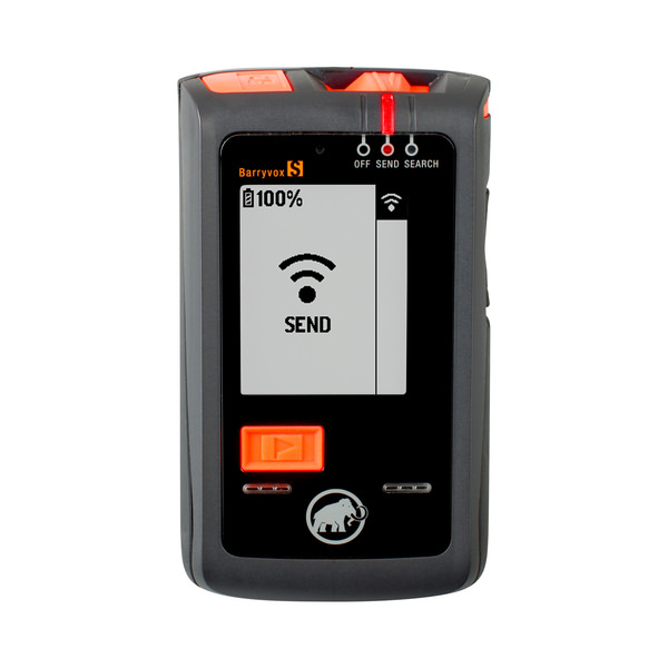 Mammut Barryvox S LVS-Gerät mit Display-Anzeige "SEND", Batteriestatus 100% und Mammut-Logo.