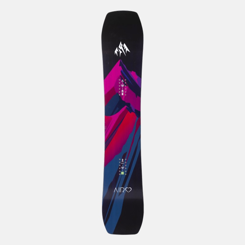 Jones Airheart 2.0 Snowboard Snowboard Jones Airheart 2.0 mit abstrakten Bergmotiv in Pink, Rot und Blau auf schwarzem Hintergrund.