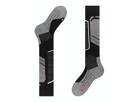 Falke SK4 Skistrümpfe Zwei Falke SK4 Advanced Skiing Kniestrümpfe, Schwarz/Grau, Frontansicht, Detailaufnahme.