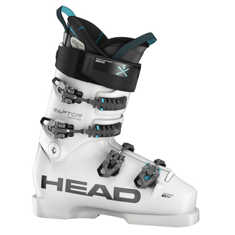 Weißer Head Raptor WCR 140S Skischuh mit schwarzen und türkisen Akzenten, seitliche Ansicht.