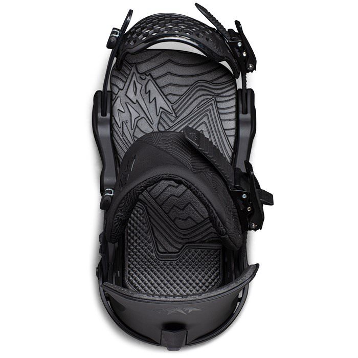 Schwarze Jones Bindung Schwarze Jones Meteorite Snowboard Bindung von oben, mit Detailaufnahme des Fußbettes.