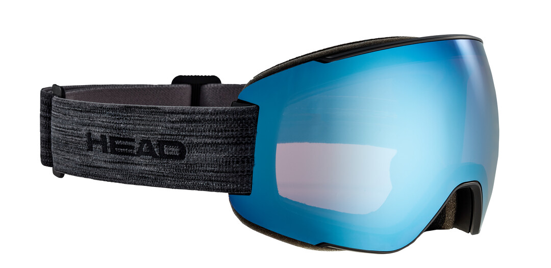 Masque de ski MAGNIFY 5K bleu Masque de ski MAGNIFY 5K blue KORE, vue latérale, verre bleu, bande grise avec logo HEAD.