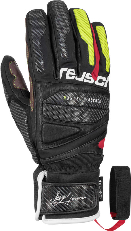 Schwarzer Reusch Marcel Hirscher Signature Skihandschuh mit Leder und farbigen Akzenten.