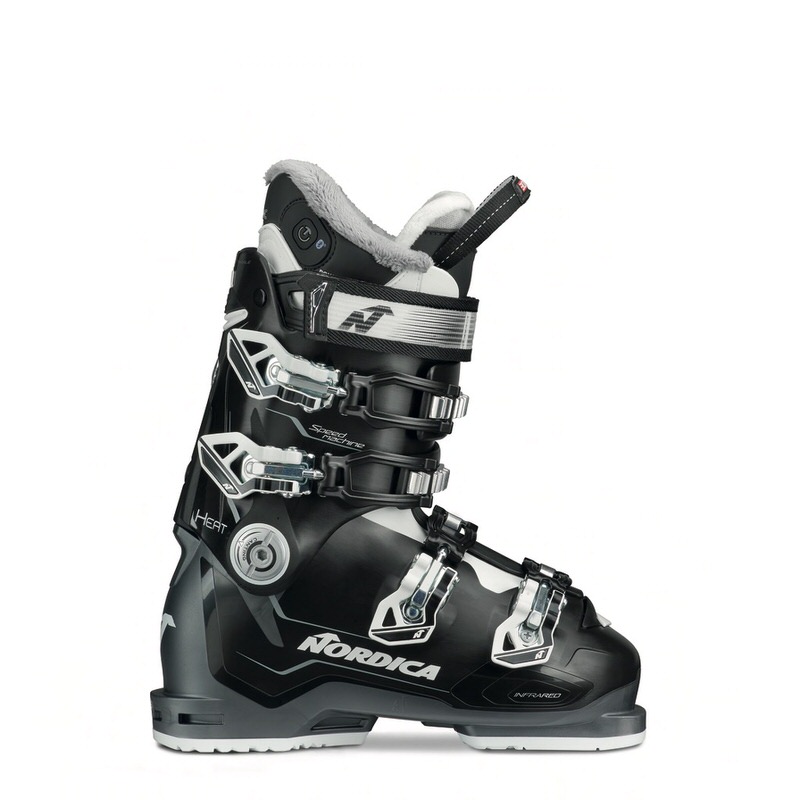 Schwarzer Speedmachine Heat 85 W Skischuh von Nordica, Seitenansicht mit Schnallen und weichem Schaftrand.