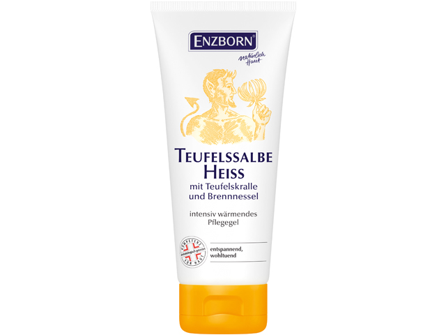 Tube Teufelssalbe Heiss mit Teufelsabbildung und gelbem Deckel.