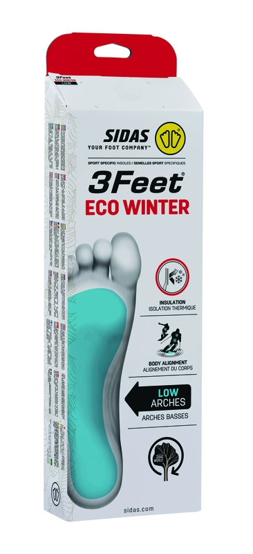 Sidas 3Feet Eco Winter Sohle Verpackung der Sidas 3Feet Eco Winter Low Sohle, Fokus auf Fußabdruck mit blauer Markierung.