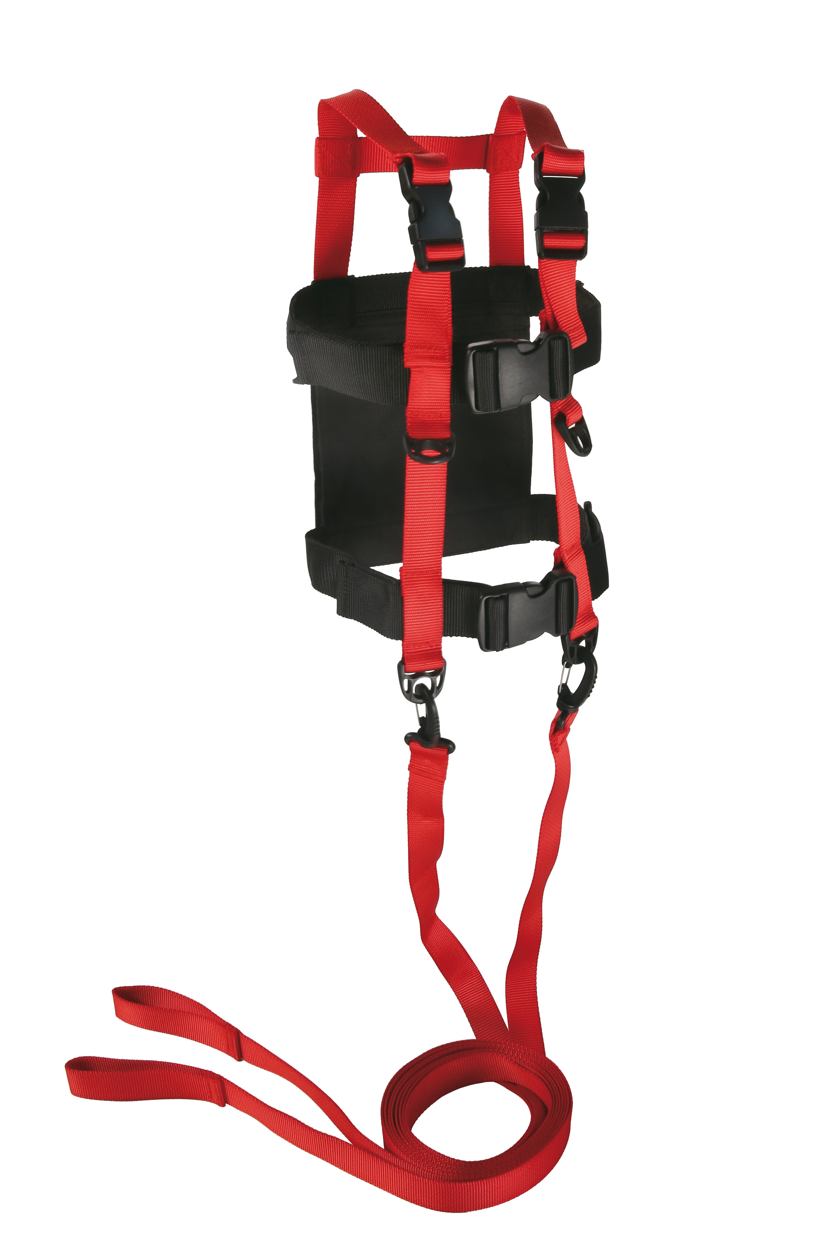 Schwarzes Geschirr für Ski Trainer Schwarzes Geschirr mit roten Gurten und Leinen für den Ski Trainer.