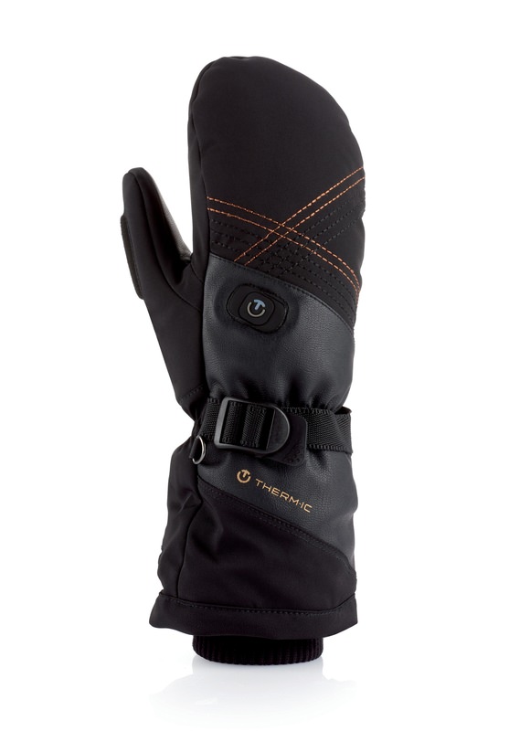 Schwarzer Therm-ic Ultra Heat Mitten Women Fäustling mit Heizstufe, Lederdetails und Kordelzug.