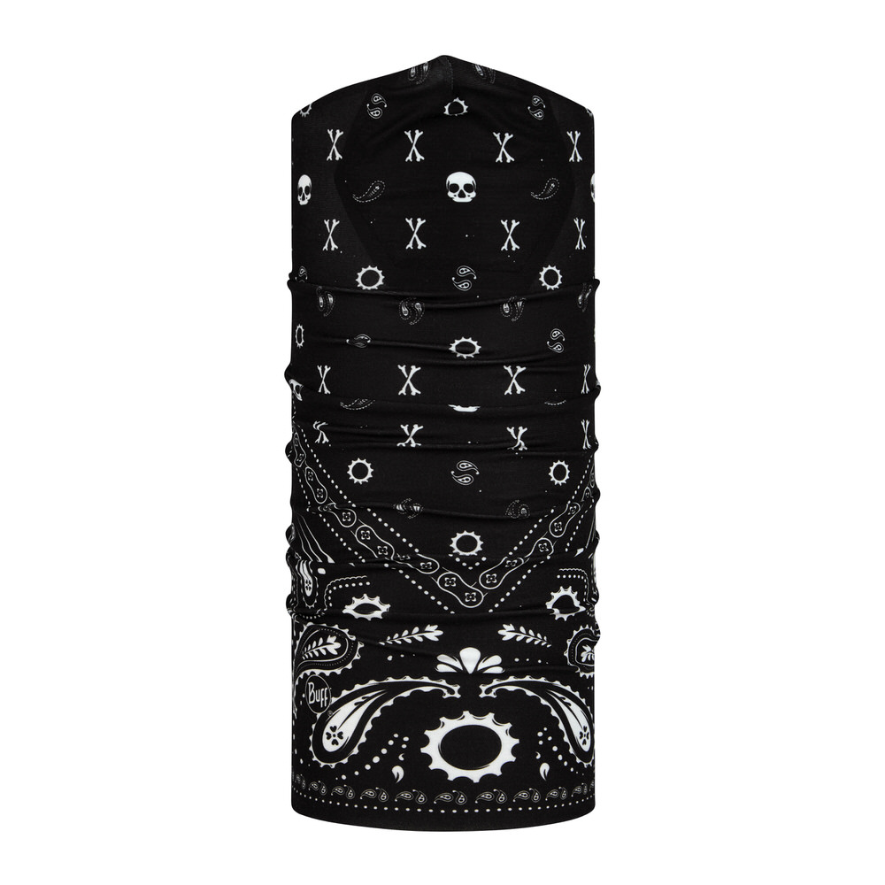 Totenkopf Buff Filter Schwarzer Buff Filter Tube mit weißem Muster aus Totenköpfen, Knochen und Paisley.