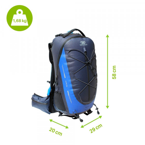 Blauer, wasserdichter Rucksack (35L) mit Trinksystem, seitlicher Netztasche und Gummizug. Größenangaben sind im Bild zu sehen.