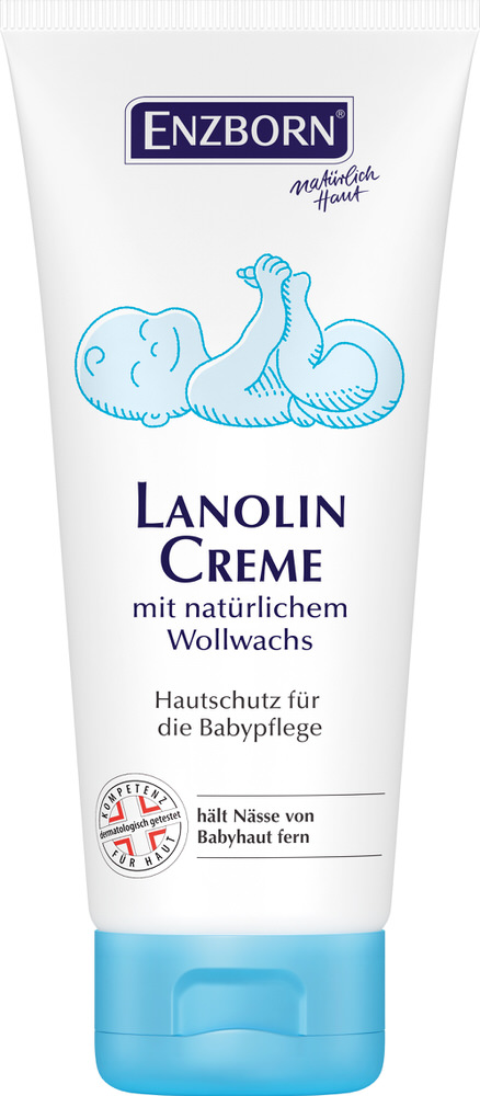 Tube Lanolin Creme mit Baby-Illustration, Text: Lanolin Creme mit natürlichem Wollwachs, Hautschutz für Babypflege.