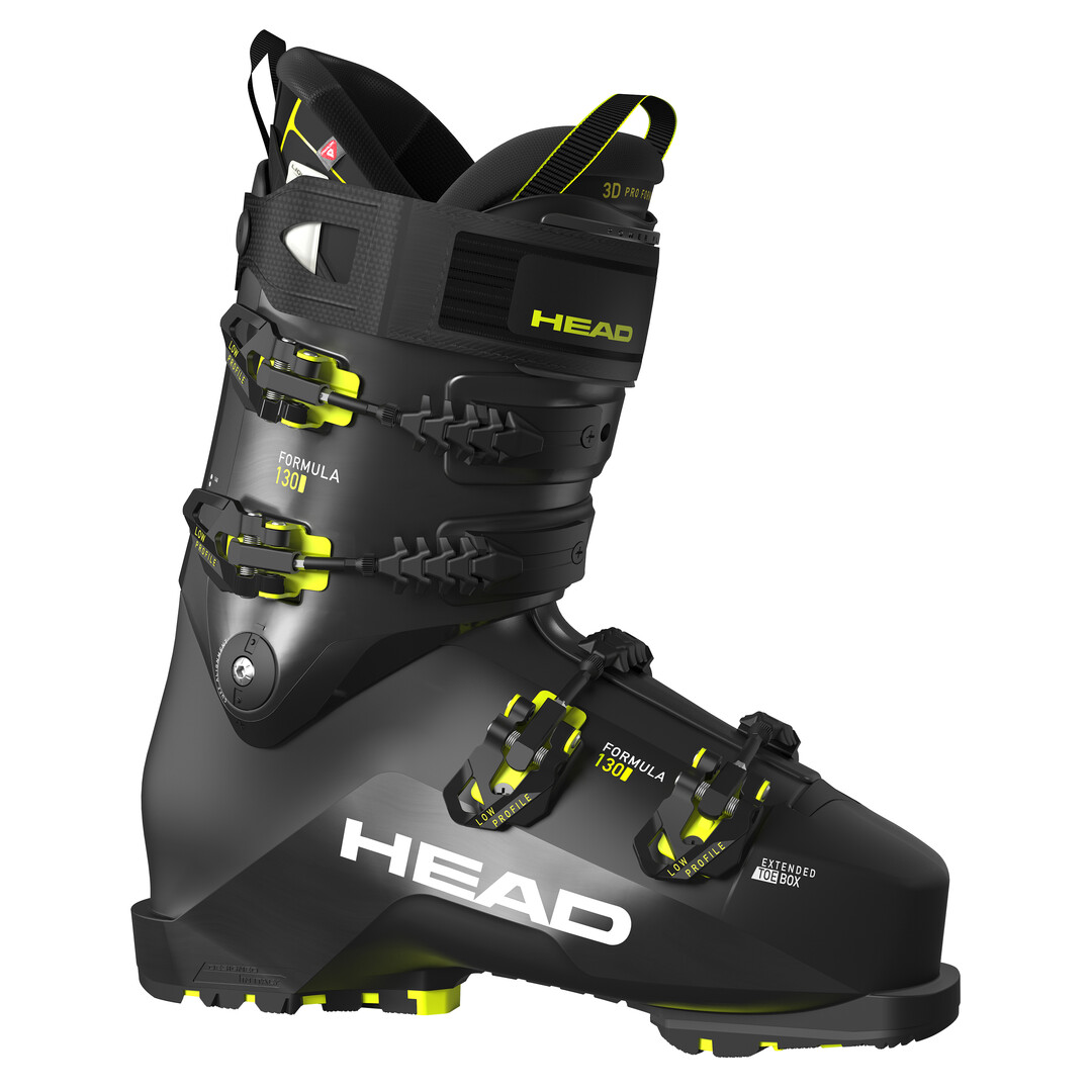 Schwarzer Head Formula 130 GW Skischuh mit gelben Akzenten, seitliche Ansicht.