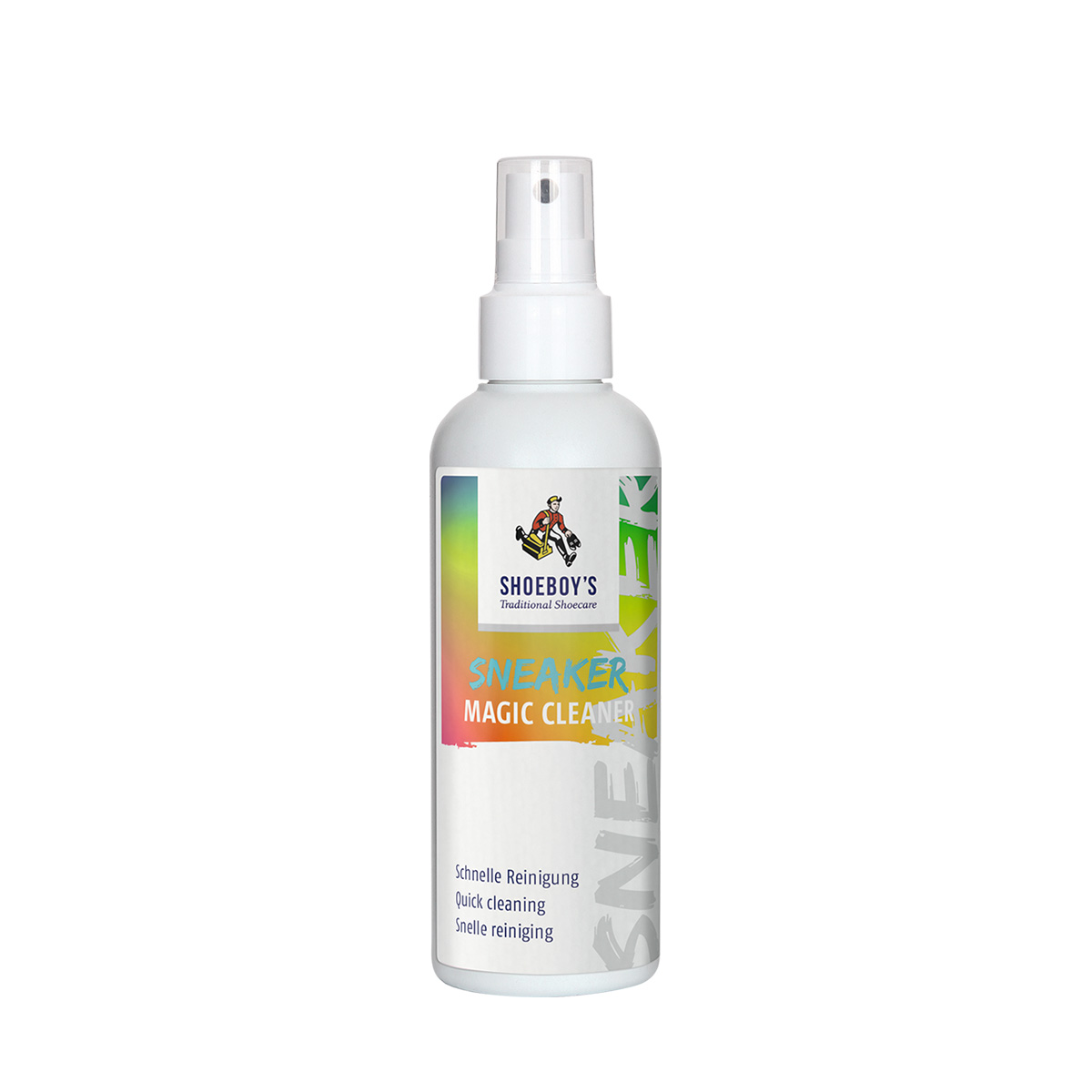 Weiße Sprühflasche mit Etikett. "Sneaker Magic Cleaner" für Schuhpflege.