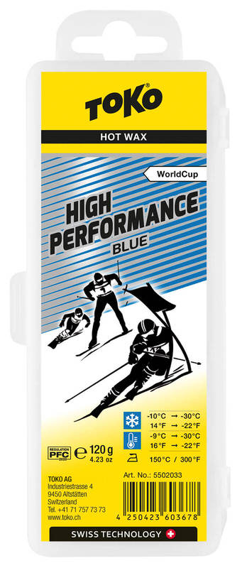Verpackung von Toko High Performance Blue Heisswachs mit Skifahrer-Illustration und Temperaturangaben.