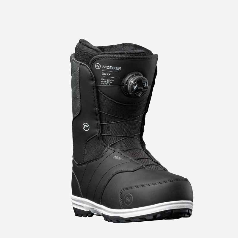 Schwarzer Nidecker Onyx Snowboard Boot für Damen, seitliche Ansicht, Boa-Schnürsystem.