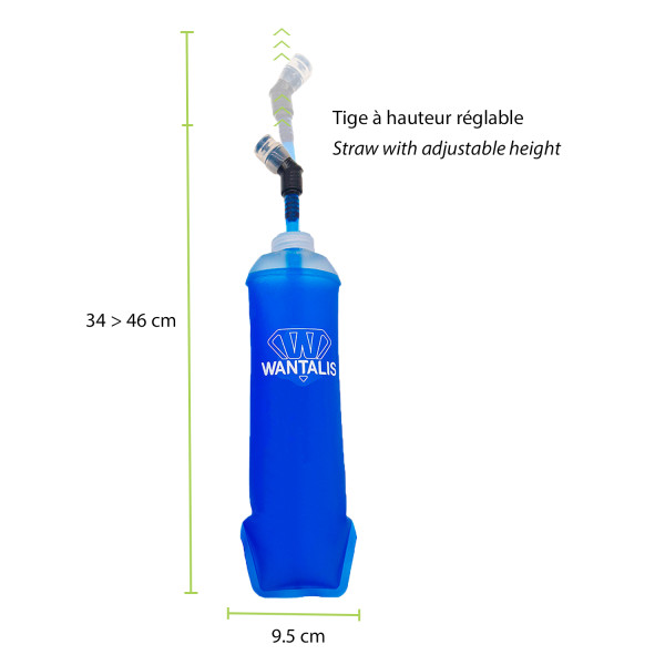 Blaue Trinkflasche für Läufer Blaue Trinkflasche der Running Trinkweste mit Trinkschlauch und Maßangaben für Höhe und Breite.