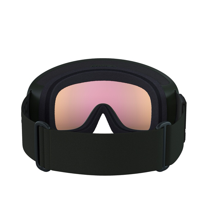 Schwarze POC Fovea Clarity Skibrille mit rosafarbener verspiegelter Scheibe in Frontansicht.