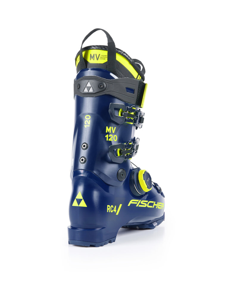 Blauer Fischer RC4 120 MV BOA Skischuh, seitliche Ansicht, mit gelben Akzenten und BOA Drehknopf.