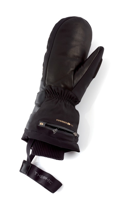 Schwarze Thermo-Fäustlinge Schwarzer Therm-ic Ultra Heat Fäustling für Damen, mit Leder, Reissverschluss und Marken-Logo.