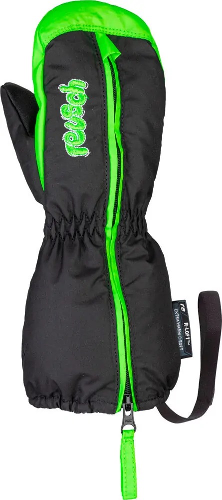 Schwarzer Reusch Tom Mitten Kinder-Skihandschuh mit neon-grünen Akzenten und Reißverschluss.