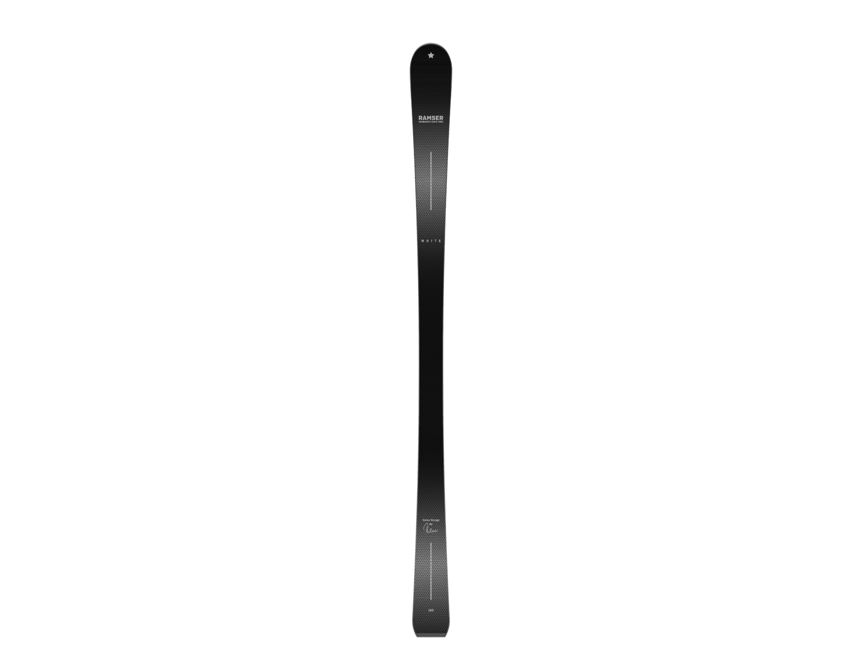 Ramser Black LTD Ski Ein einzelner Ramser Black LTD Ski, vertikal zentriert auf weißem Hintergrund, mit erkennbaren Schriftzügen.