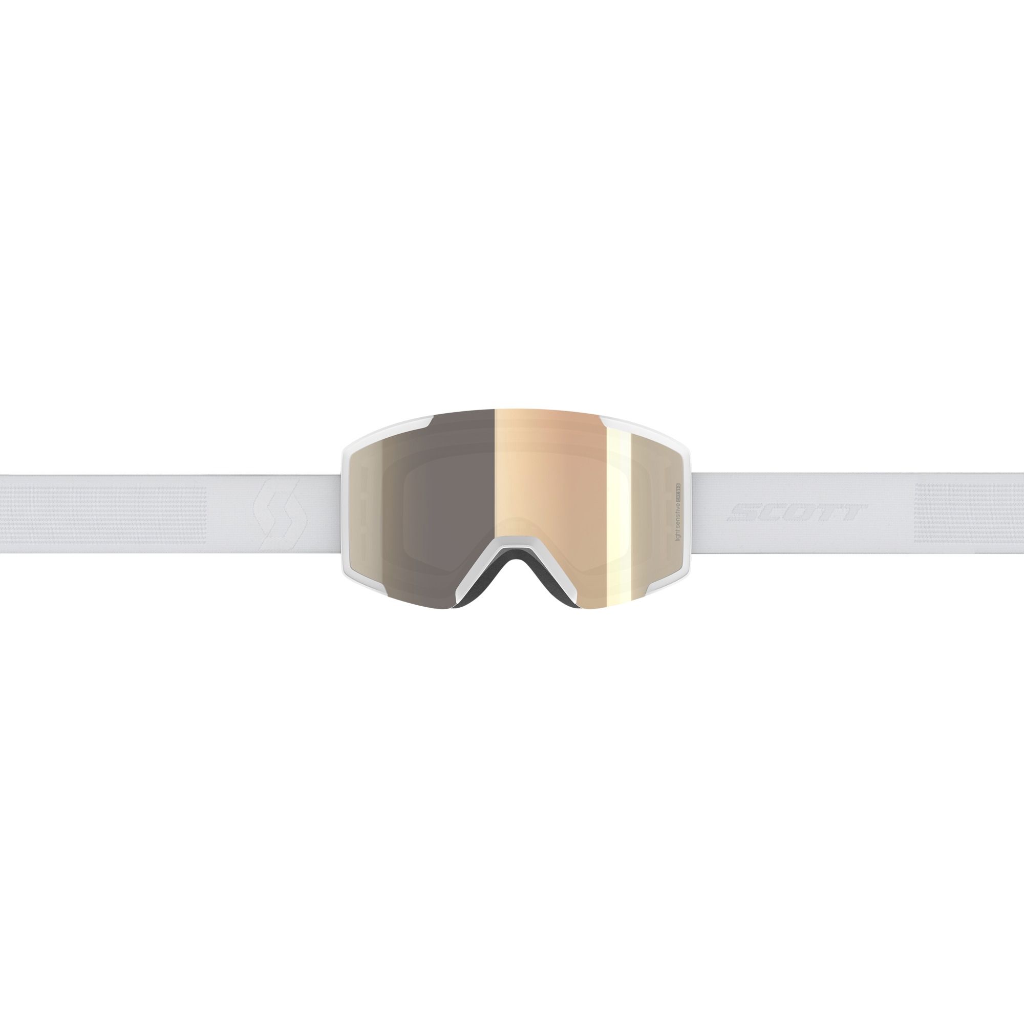 Weiße Scott Shield LS Skibrille mit zylindrischer, verspiegelter Scheibe und breitem Brillenband.