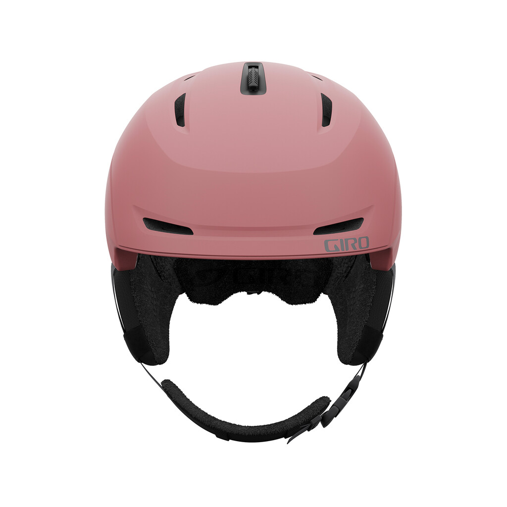 Roséfarbener Giro Skihelm Matter roséfarbener Giro Avera MIPS Skihelm von vorne. Belüftungsöffnungen und Ohrenschützer sind sichtbar.
