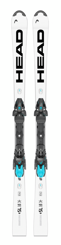 Zwei weiße HEAD WCR e-SL Rebel FIS Ski mit montierter Bindung, frontal aufgenommen.