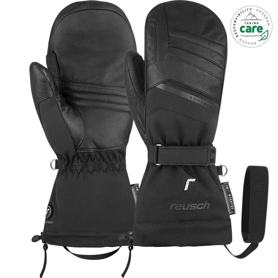 Schwarze Reusch Instant Heat r-tex XT Mitten Handschuhe mit Handgelenkschlaufe.