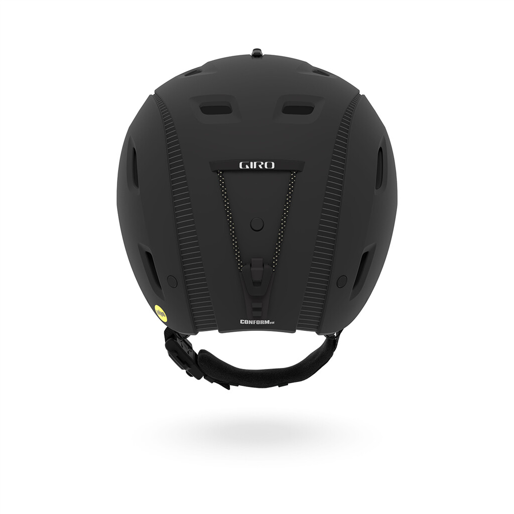 Mattschwarzer Giro Range MIPS Skihelm, Rückansicht, mit Belüftungsöffnungen und Conform Fit Anpassungssystem.