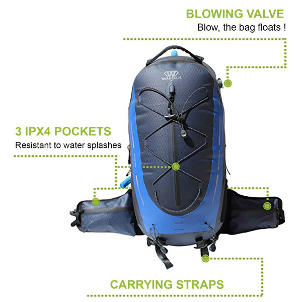 Blauer, wasserdichter Rucksack 35L mit elastischer Kordel, seitlichen Taschen und Tragegurten. Beschriftungen zu Ventilen und IPX4 Taschen.
