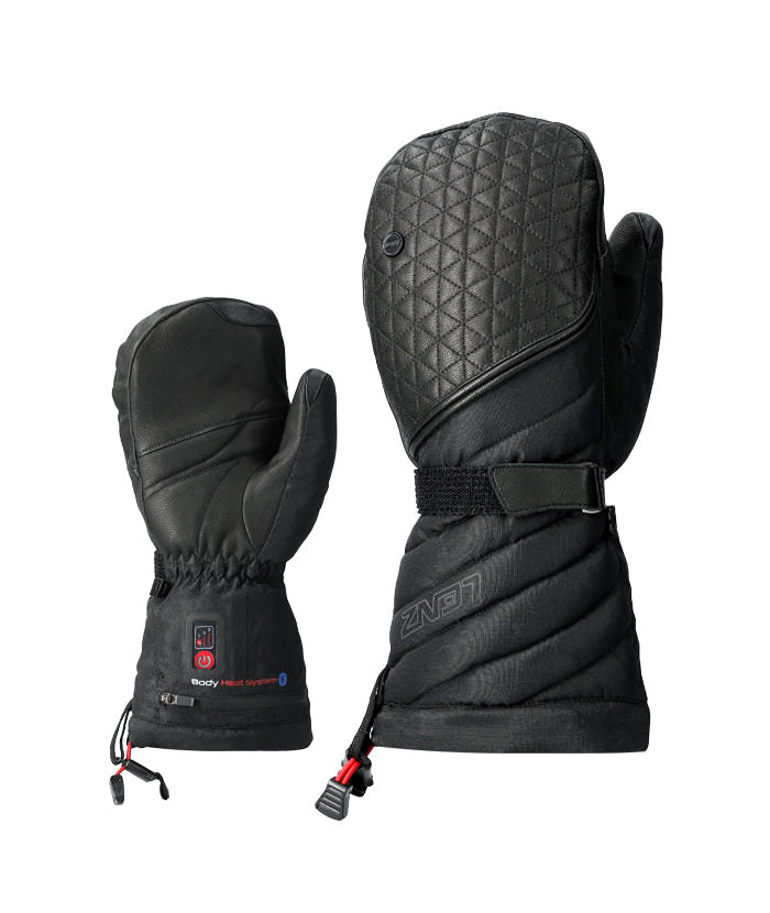 Zwei schwarze Lenz Heat Glove 6.0 Fingercap Mitten Women, Größenunterschied, Details wie Knöpfe und Kordelzüge sichtbar.