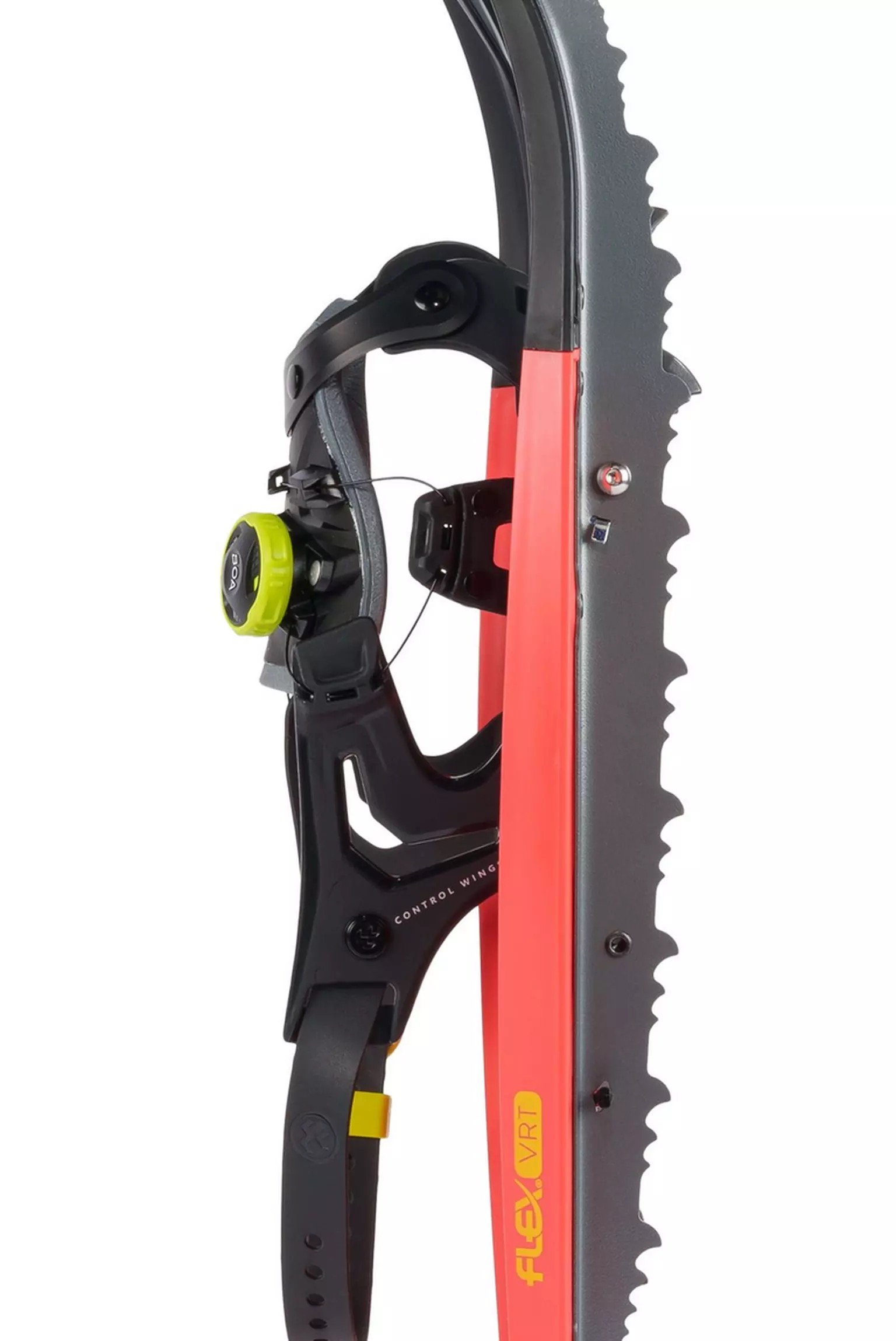 Damen Schneeschuh Coral Nahaufnahme eines Tubbs Flex VRT 21 Damen Coral Schneeschuhs mit schwarzer Bindung und grauer Zackenleiste.
