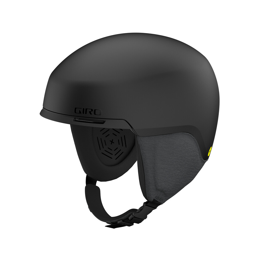 Mattschwarzer Giro Tagert MIPS Skihelm, Seitenansicht. Ohrpolster und Kinnriemen sichtbar.