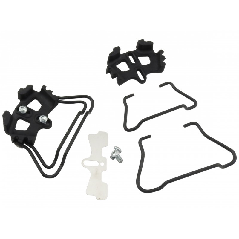 Plum Eterlou Splitboardbindung Teile Einzelteile der Plum Eterlou Splitboardbindung, darunter schwarze Halterungen, Schraube und Drahtrahmen auf weißem Hintergrund.