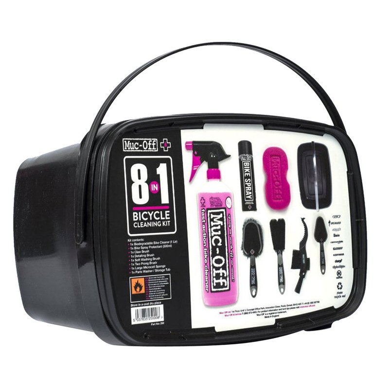 Muc-Off 8-IN-One Bike Cleaning Kit im Eimer. Reiniger, Spray, Schwamm und diverse Bürsten sind enthalten.