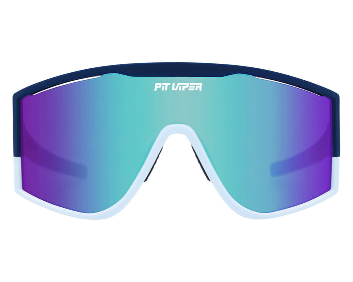 Pit Viper The Basketball Team Sonnenbrille mit blauem Rahmen und blau-lila verspiegelten Gläsern.