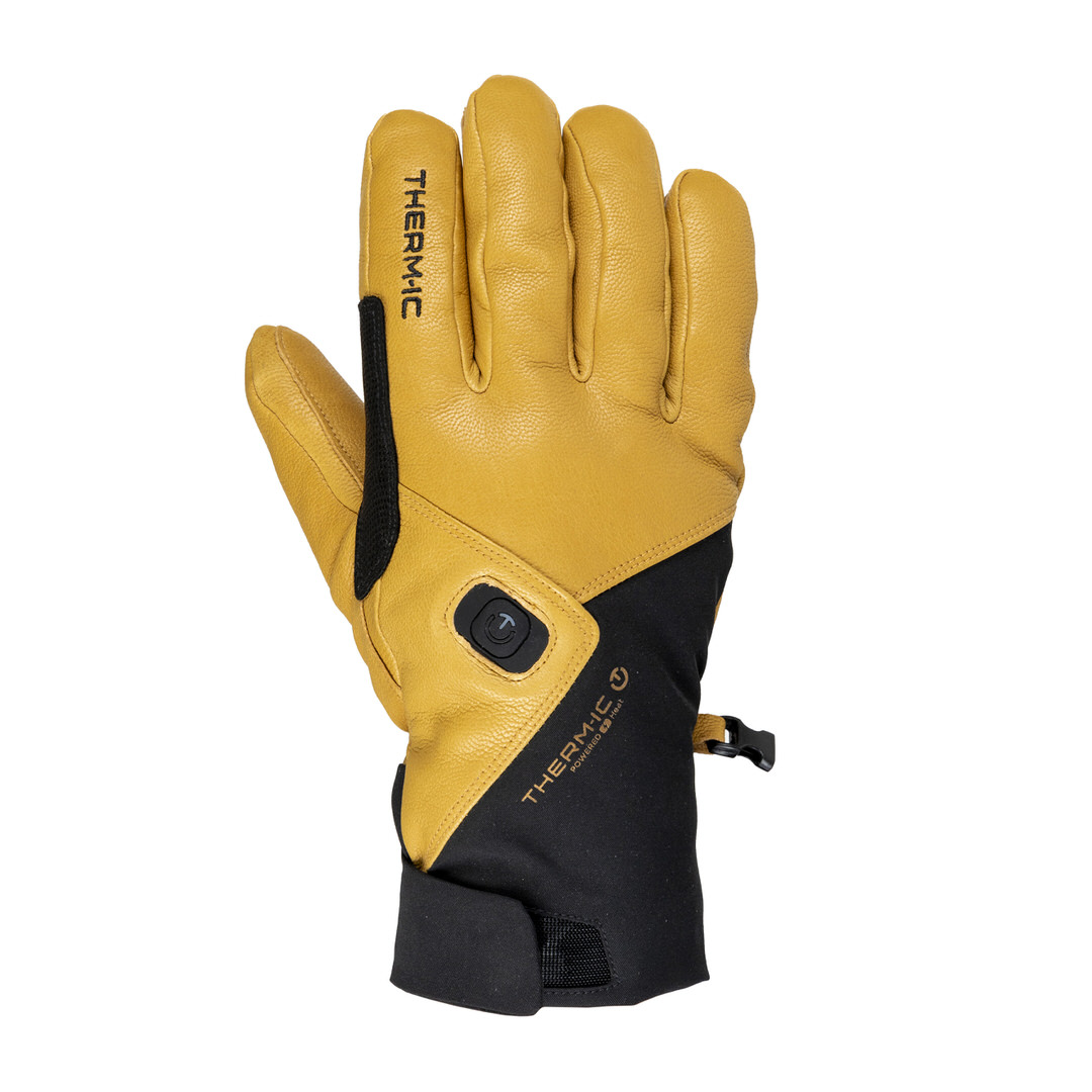 Hellbrauner Therm-ic Freeride Ultra Heat Handschuh mit schwarzem Stoffteil, Handfläche nach vorne gerichtet.
